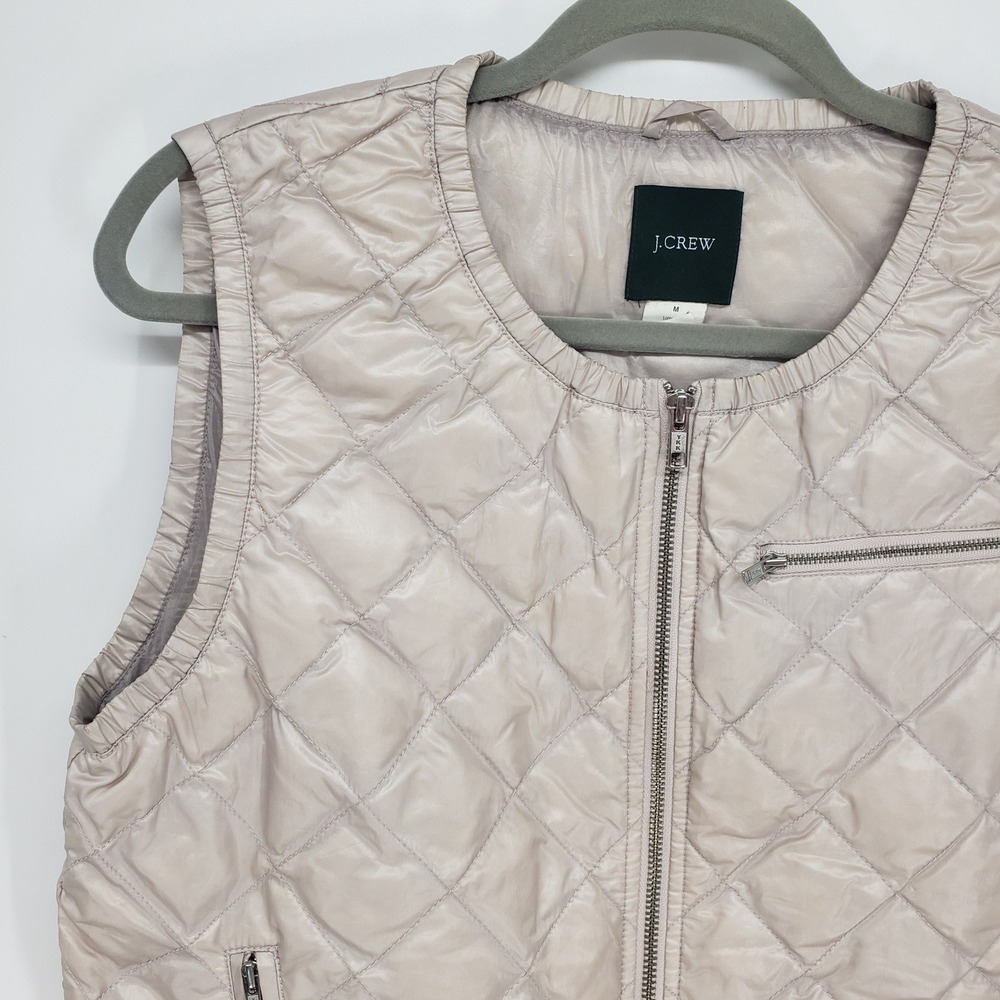 J Crew Quilted Puffer Vest Women Medium Beige Down Fill Zip Pockets Lightweight - Picture 4 of 7
